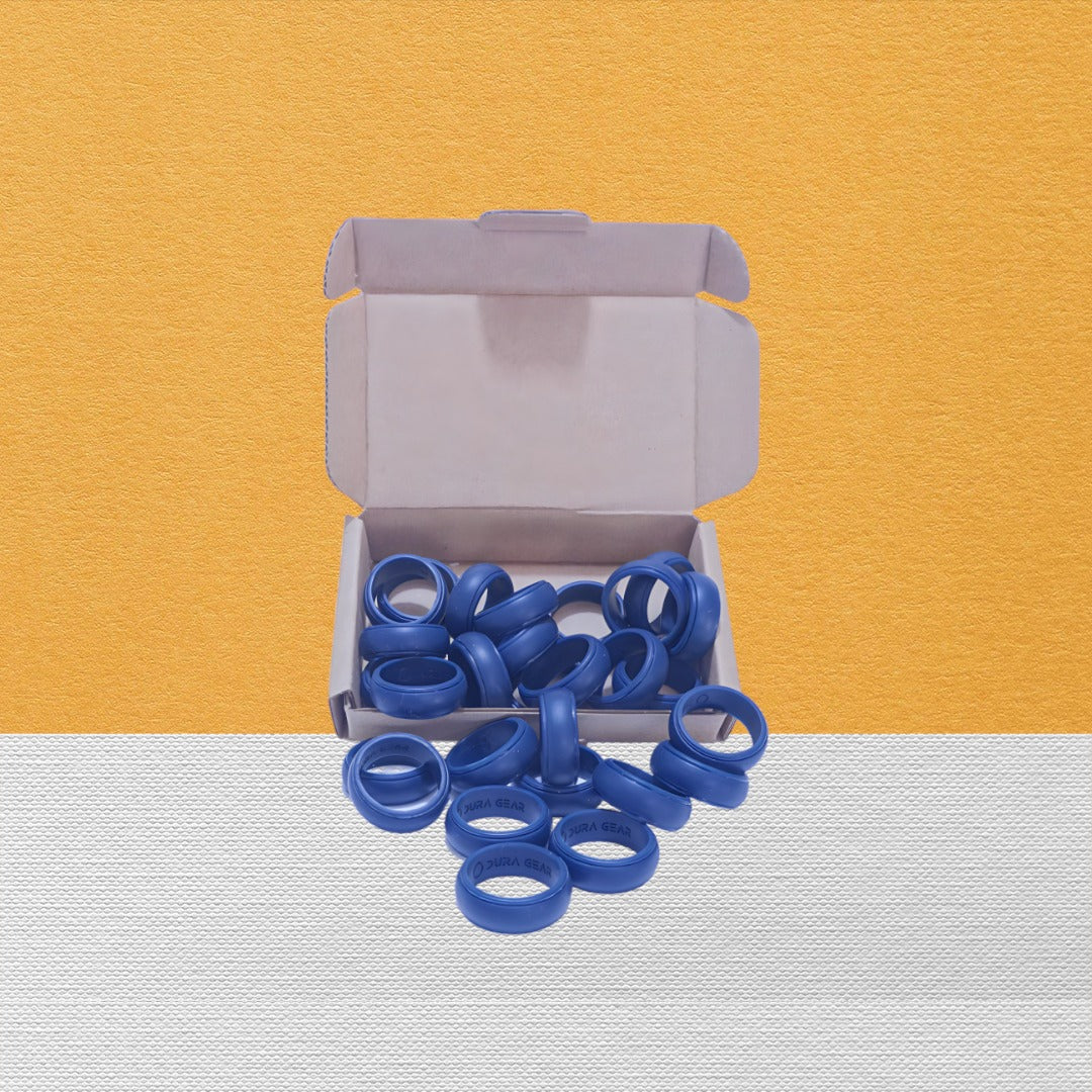 blue silicone rings bulk box Dura Gear mens rings packaging flexible durable everyday wear